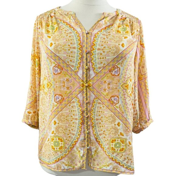 Rose & Olive Yellow Floral Paisley Split Neck Popover Blouse Boho Hippie - Picture 1 of 9